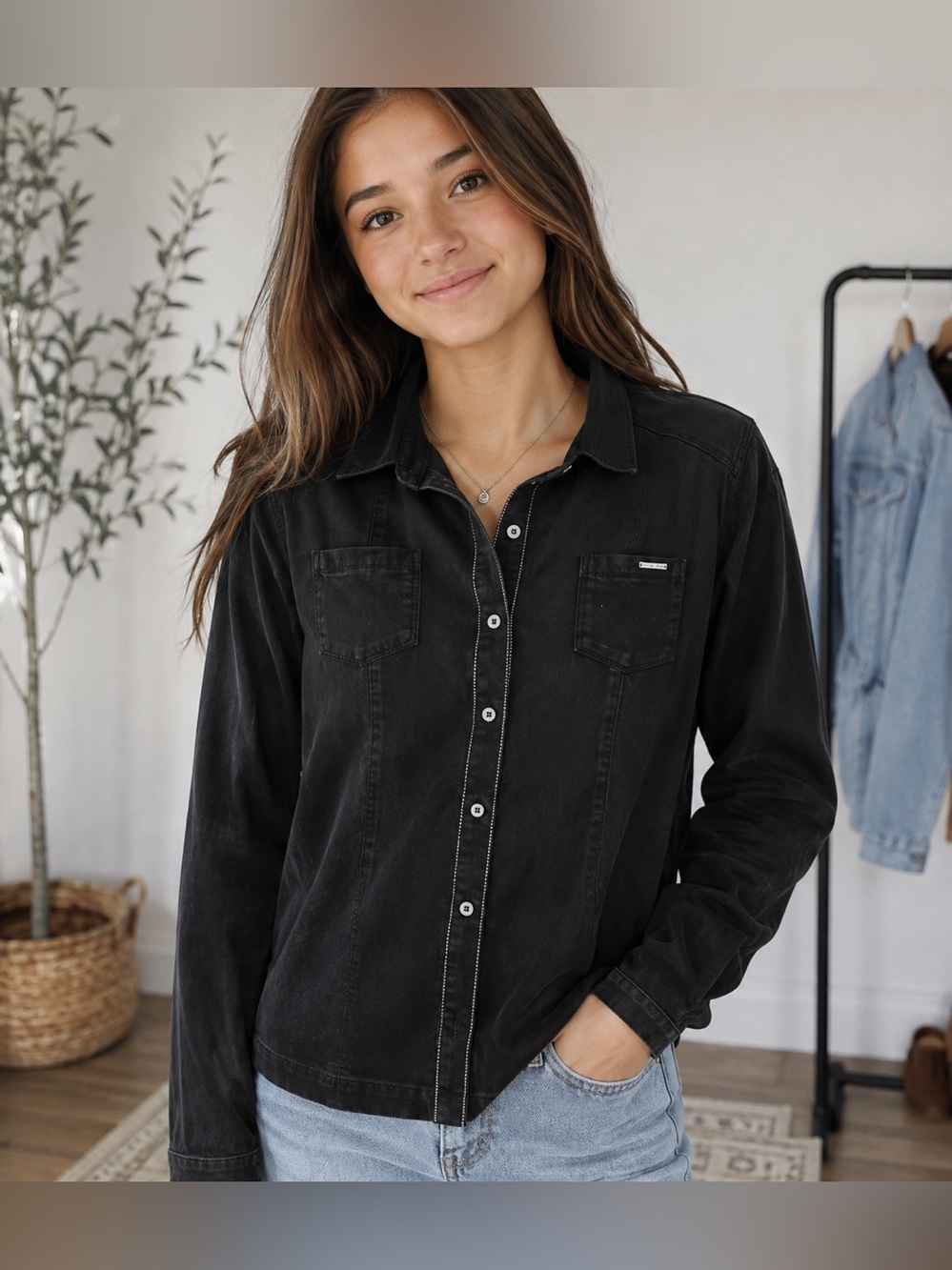 Liu Jo Milano /Black Button-Front Denim Shirt  - Sz. 7 - Junior - Italy
